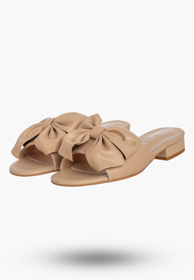 Klapki Damskie Skórzane Buty Z Kokardą Letnie Eleganckie Beżowe FILIPPO