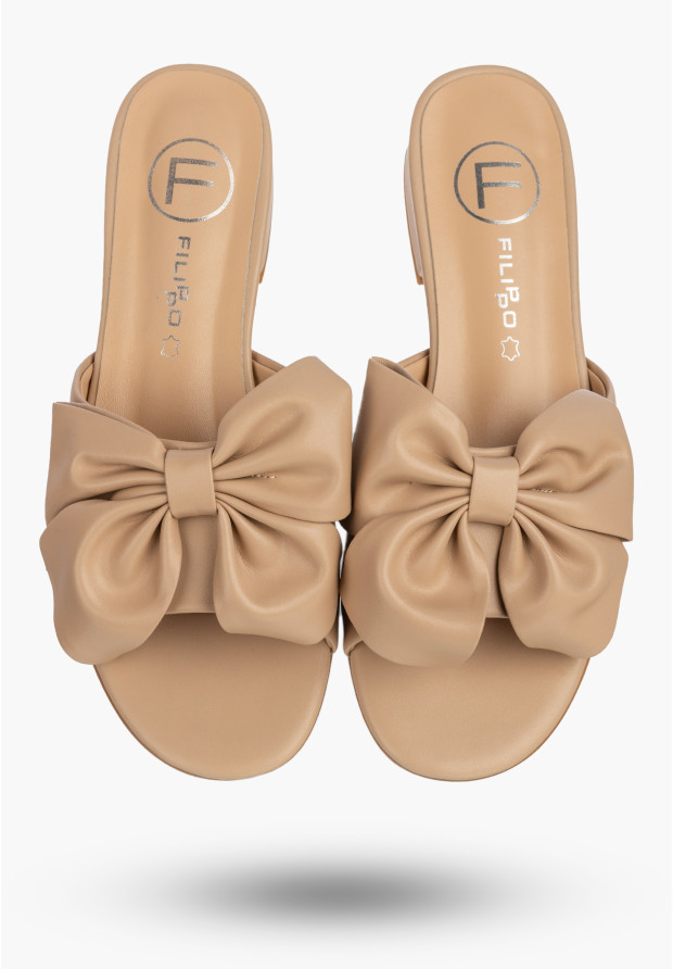 Klapki Damskie Skórzane Buty Z Kokardą Letnie Eleganckie Beżowe FILIPPO