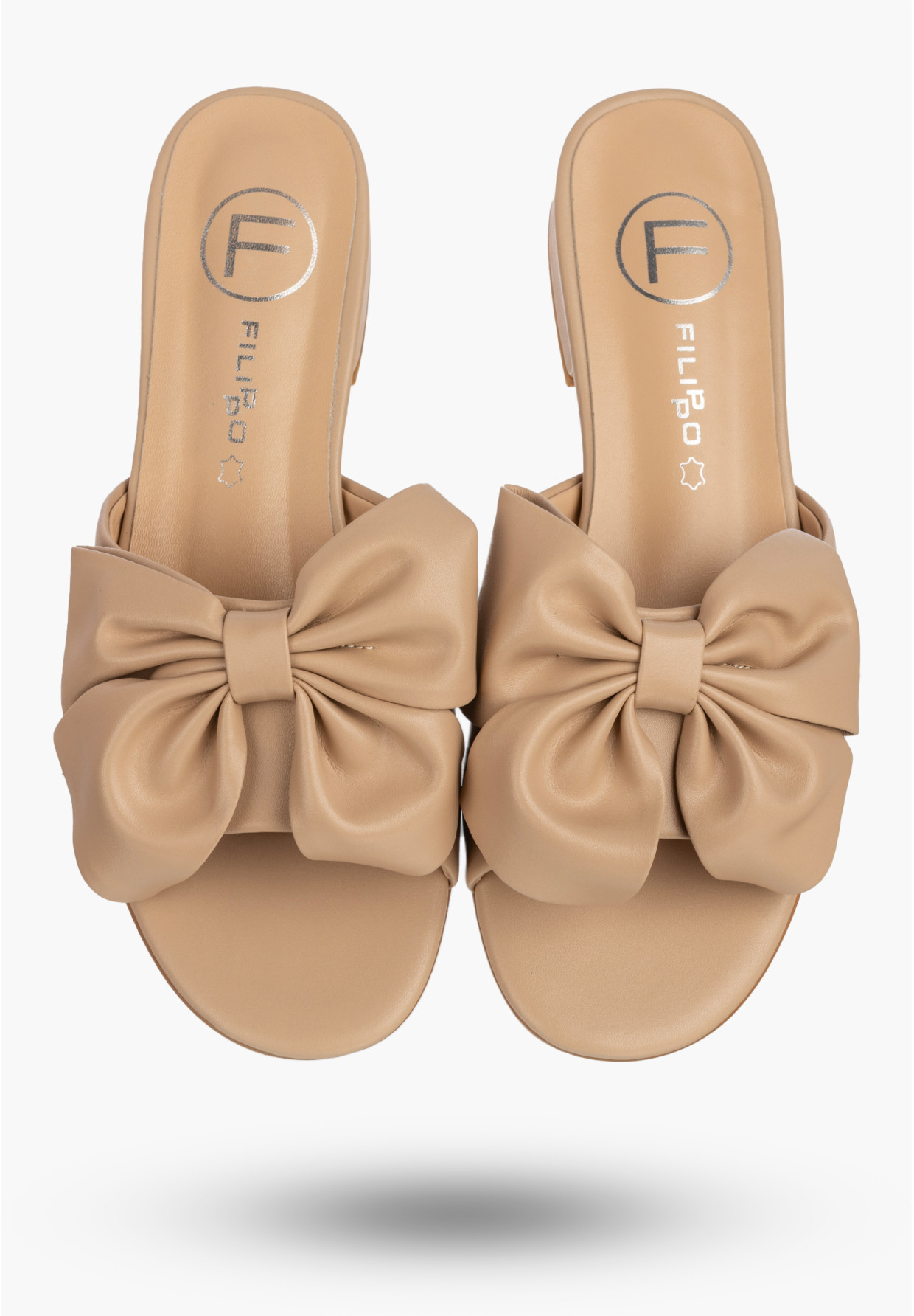 Klapki Damskie Skórzane Buty Z Kokardą Letnie Eleganckie Beżowe FILIPPO