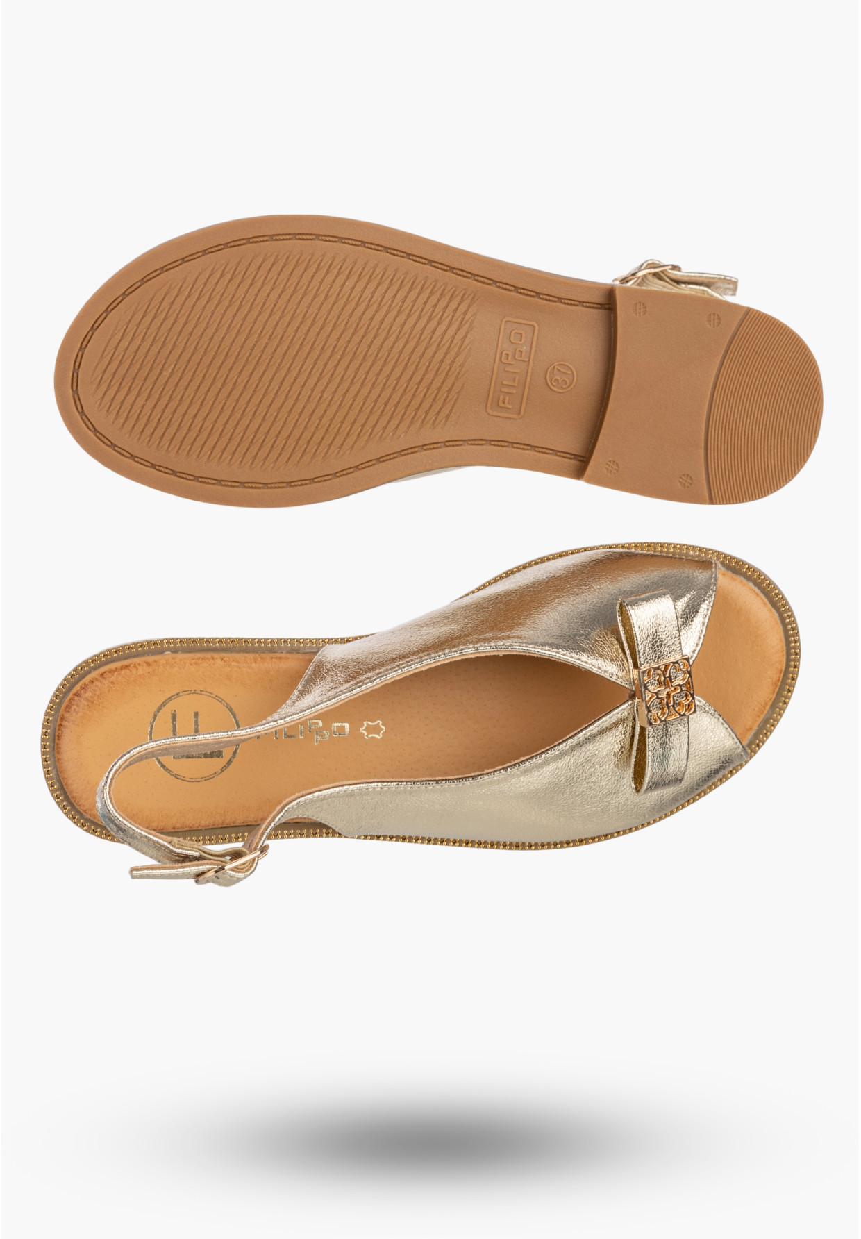 Sandały Damskie Skórzane Buty Letnie Eleganckie Płaskie Złote FILIPPO