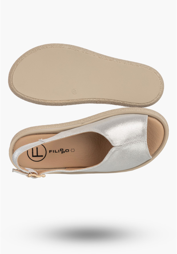 Sandały Damskie Skórzane Buty Letnie Eleganckie Na Platformie Srebrne FILIPPO