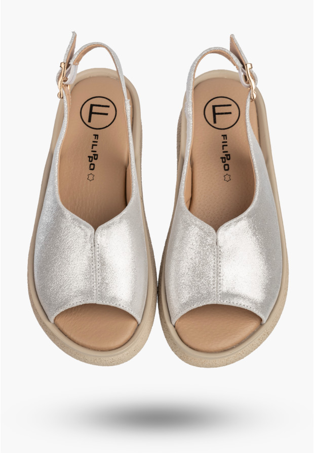 Sandały Damskie Skórzane Buty Letnie Eleganckie Na Platformie Srebrne FILIPPO