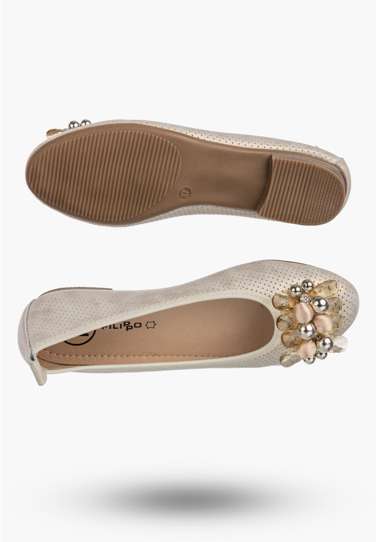 Baleriny Damskie Skórzane Buty Eleganckie Półbuty Z Ozdobami Beżowe FILIPPO
