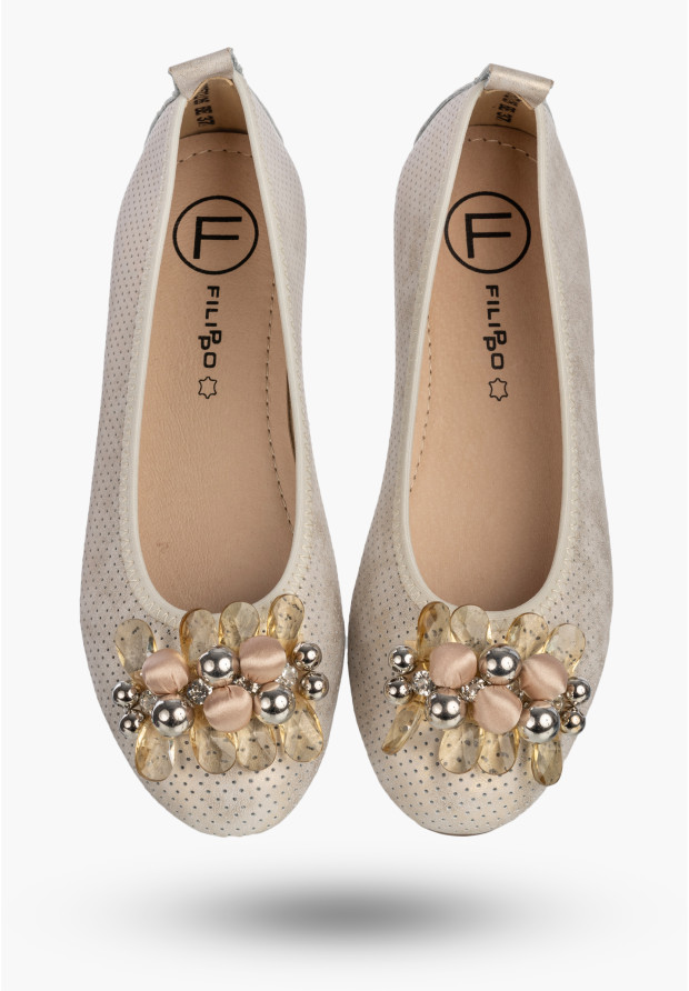 Baleriny Damskie Skórzane Buty Eleganckie Półbuty Z Ozdobami Beżowe FILIPPO
