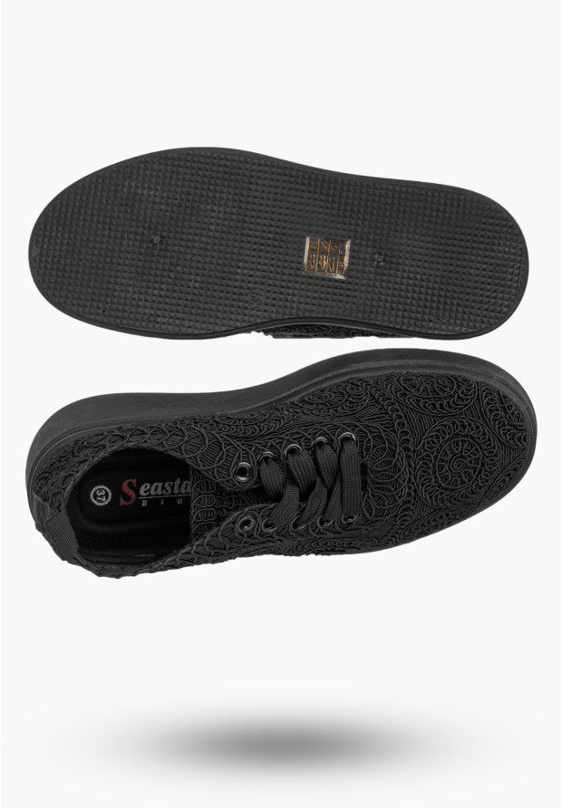 Sneakersy Damskie Na Platformie Buty Ażurowe Półbuty Czarne