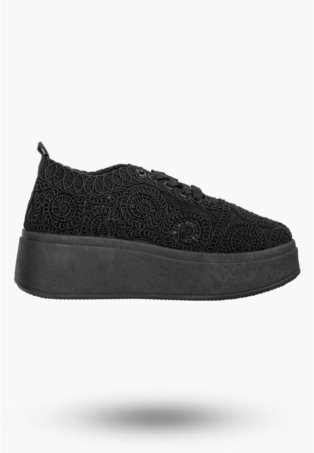 Sneakersy Damskie Na Platformie Buty Ażurowe Półbuty Czarne