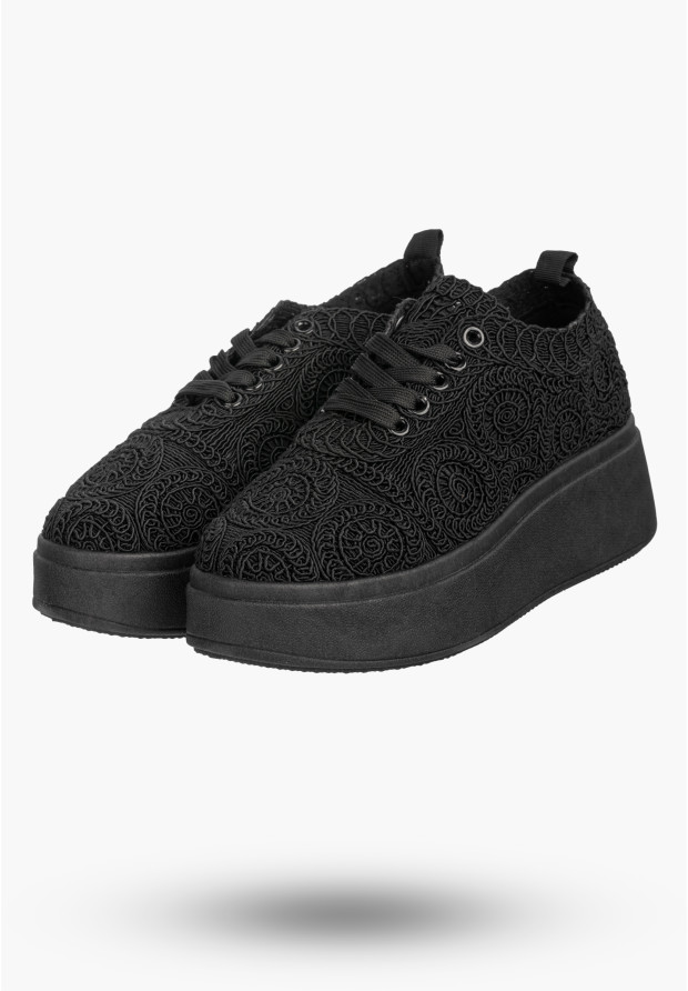 Sneakersy Damskie Na Platformie Buty Ażurowe Półbuty Czarne