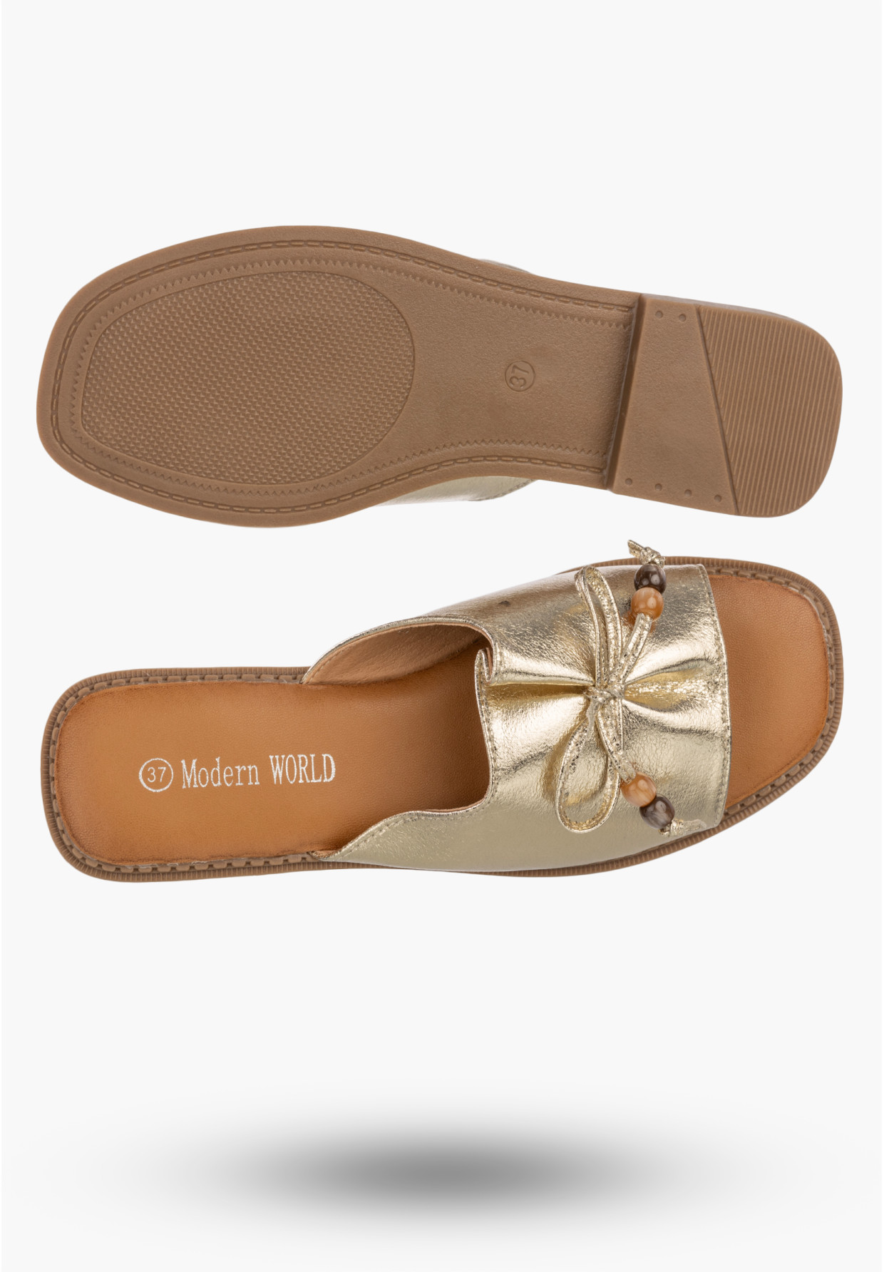 Klapki Damskie Ekoskóra Letnie Buty Eleganckie Z Kokardką Casual Złote