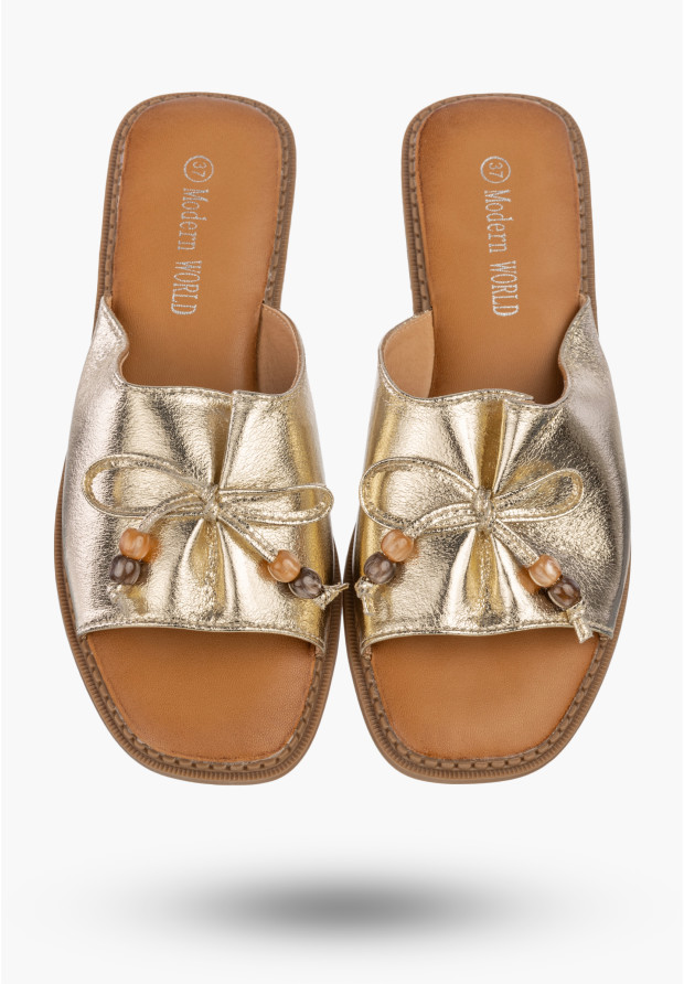 Klapki Damskie Ekoskóra Letnie Buty Eleganckie Z Kokardką Casual Złote
