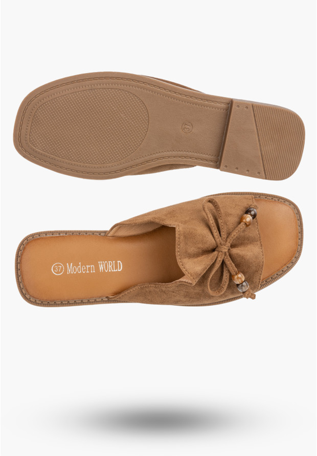 Klapki Damskie Ekozamsz Letnie Buty Eleganckie Z Kokardką Casual Brązowe