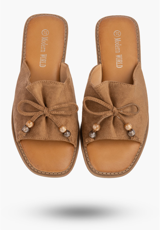 Klapki Damskie Ekozamsz Letnie Buty Eleganckie Z Kokardką Casual Brązowe