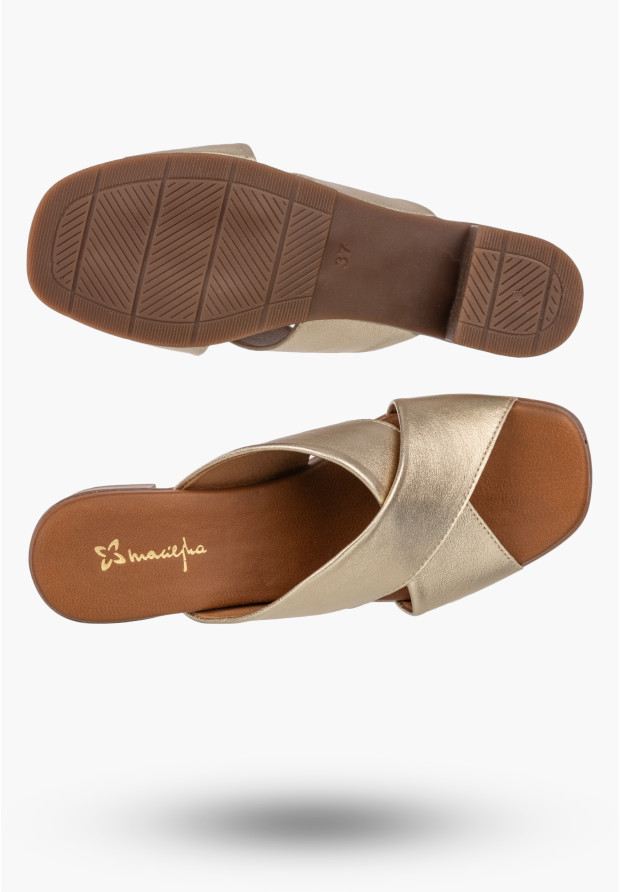 Klapki Damskie Skórzane Buty Eleganckie Na Słupku Złote Maciejka E7390-25/00-1