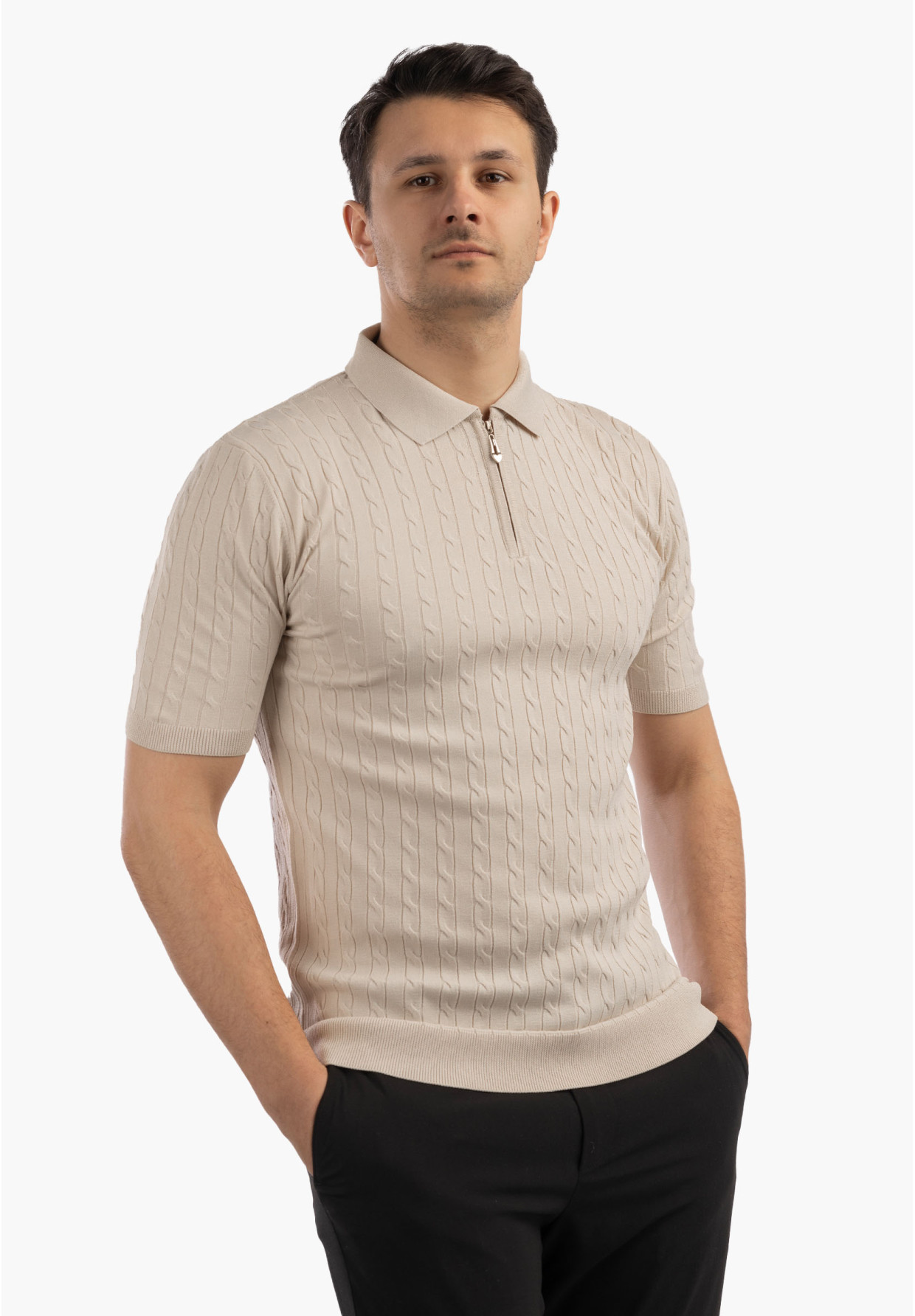 Koszulka Męska Polo Z Kołnierzykiem Rozpinana Dzianinowa Elegancka Beżowa