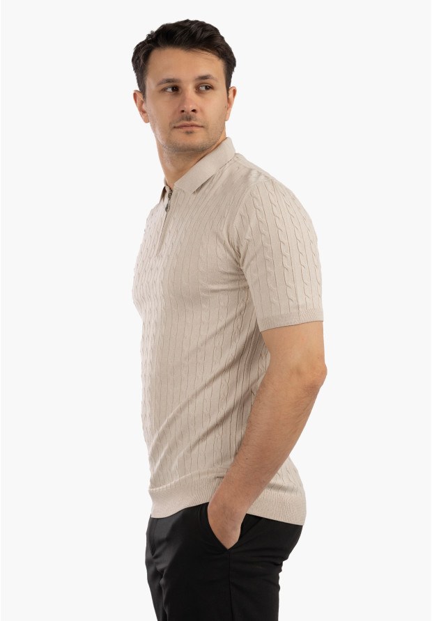 Koszulka Męska Polo Z Kołnierzykiem Rozpinana Dzianinowa Elegancka Beżowa