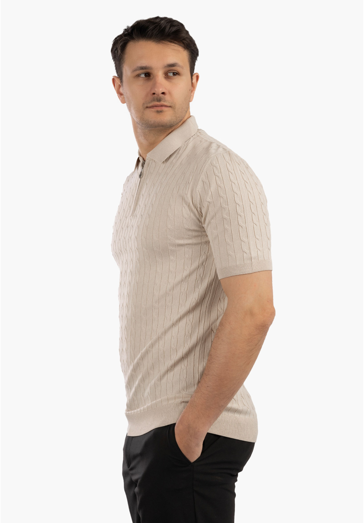 Koszulka Męska Polo Z Kołnierzykiem Rozpinana Dzianinowa Elegancka Beżowa