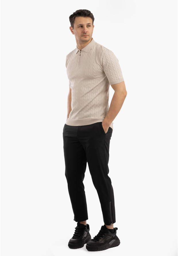 Koszulka Męska Polo Z Kołnierzykiem Rozpinana Dzianinowa Elegancka Beżowa