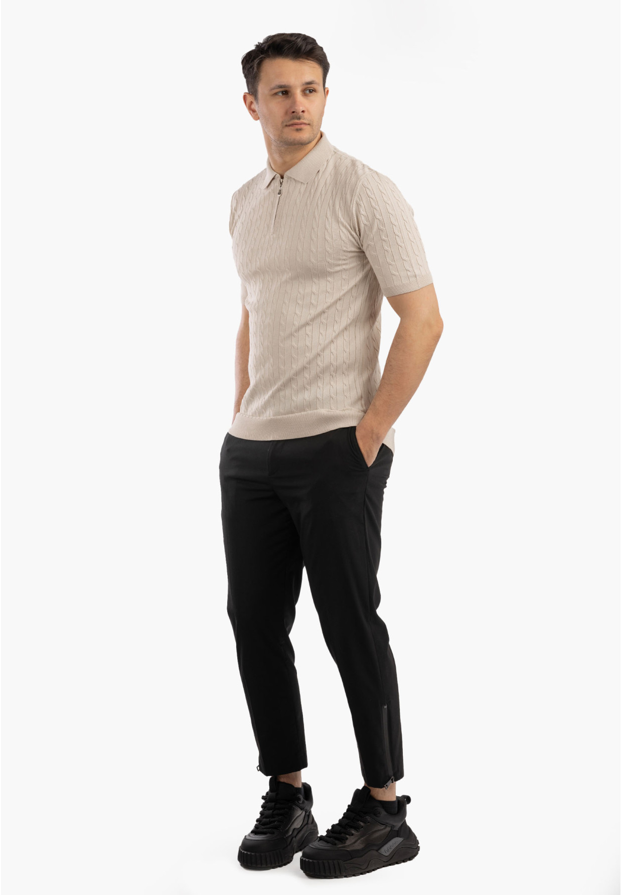 Koszulka Męska Polo Z Kołnierzykiem Rozpinana Dzianinowa Elegancka Beżowa
