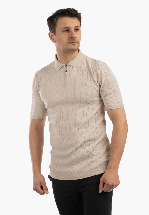 Koszulka Męska Polo Z Kołnierzykiem Rozpinana Dzianinowa Elegancka Beżowa
