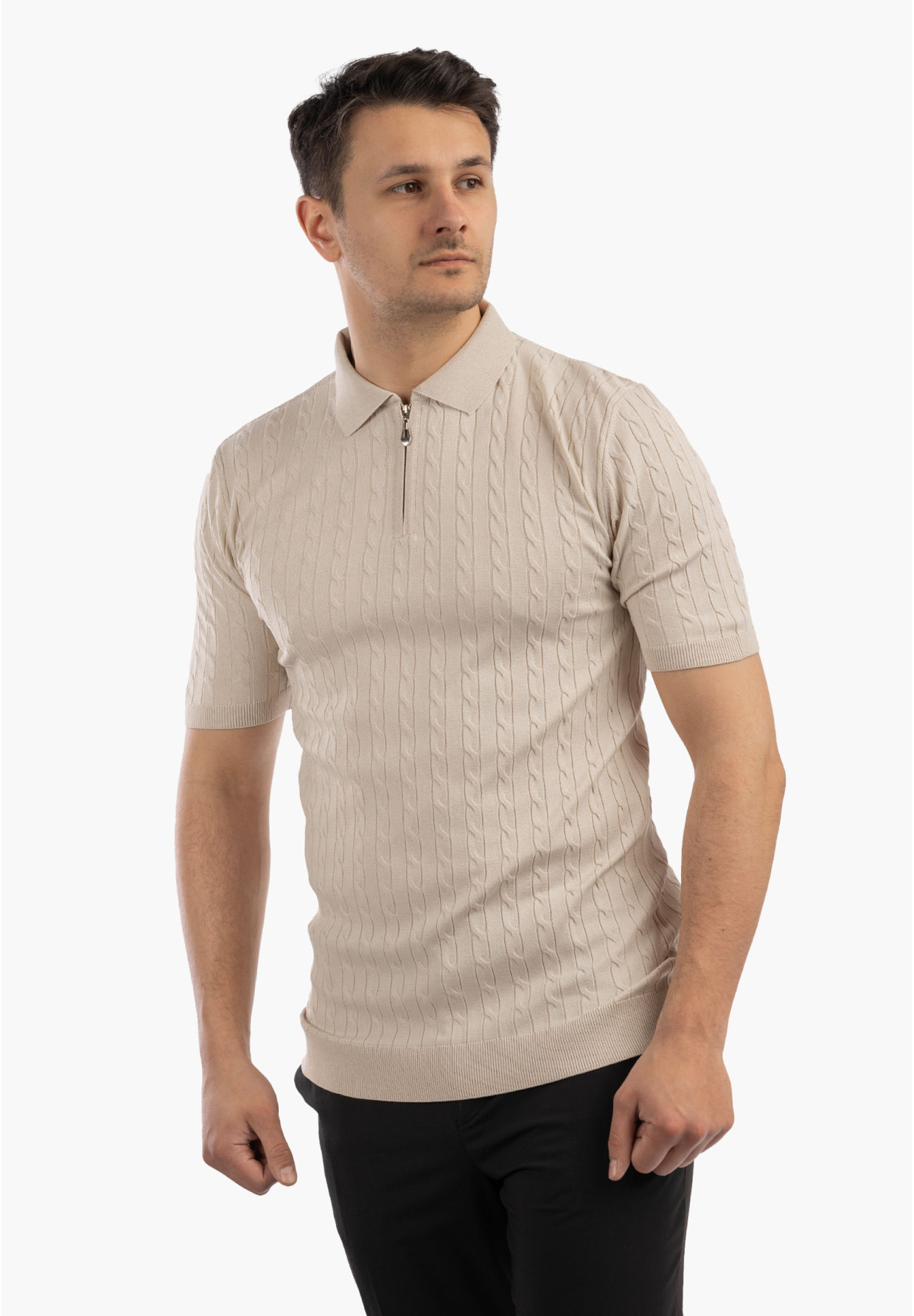 Koszulka Męska Polo Z Kołnierzykiem Rozpinana Dzianinowa Elegancka Beżowa