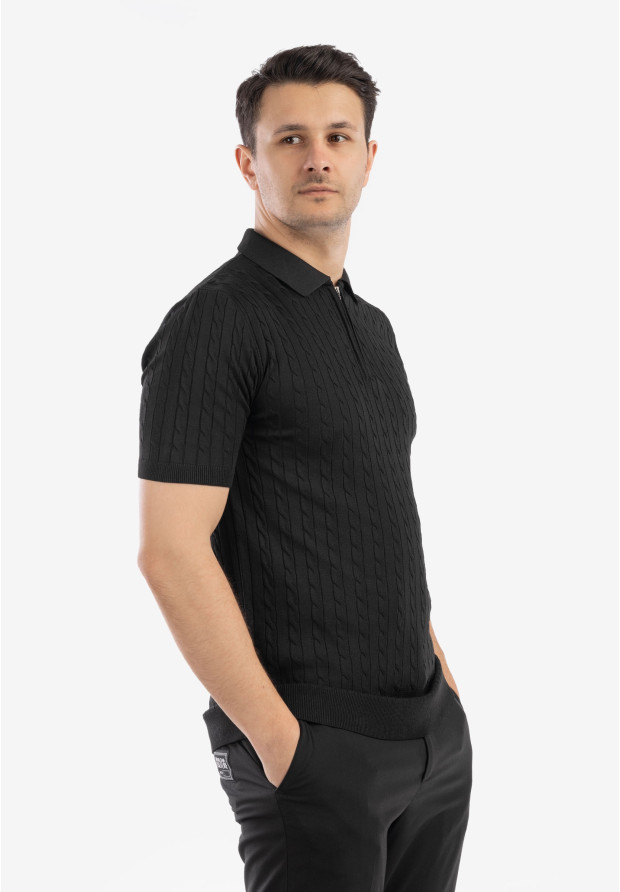 Koszulka Męska Polo Z Kołnierzykiem Rozpinana Dzianinowa Elegancka Czarna