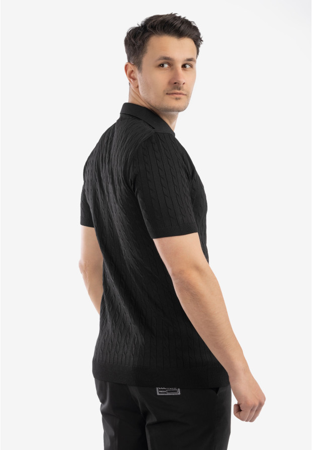 Koszulka Męska Polo Z Kołnierzykiem Rozpinana Dzianinowa Elegancka Czarna