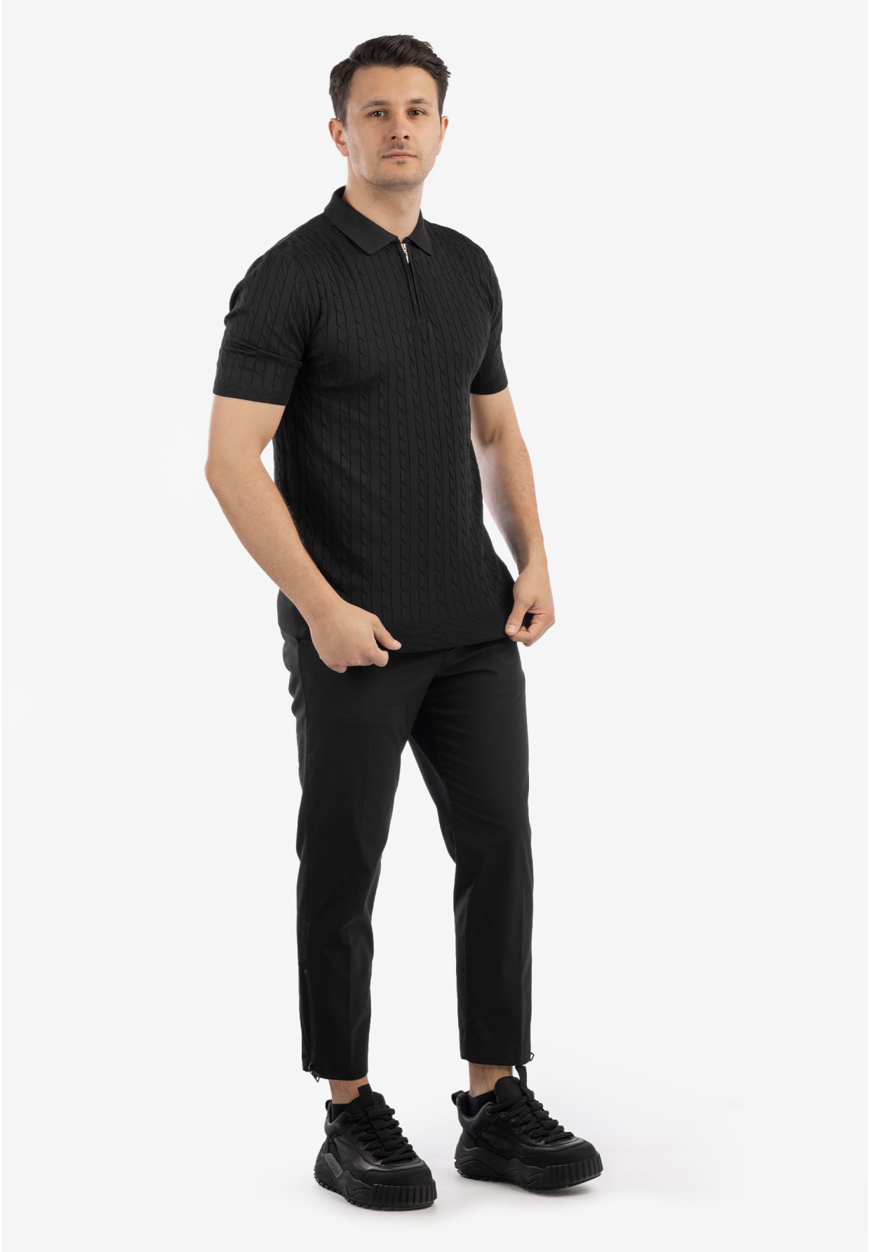 Koszulka Męska Polo Z Kołnierzykiem Rozpinana Dzianinowa Elegancka Czarna