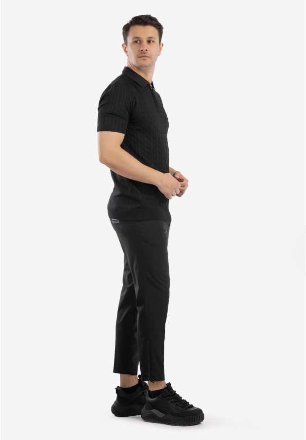 Koszulka Męska Polo Z Kołnierzykiem Rozpinana Dzianinowa Elegancka Czarna