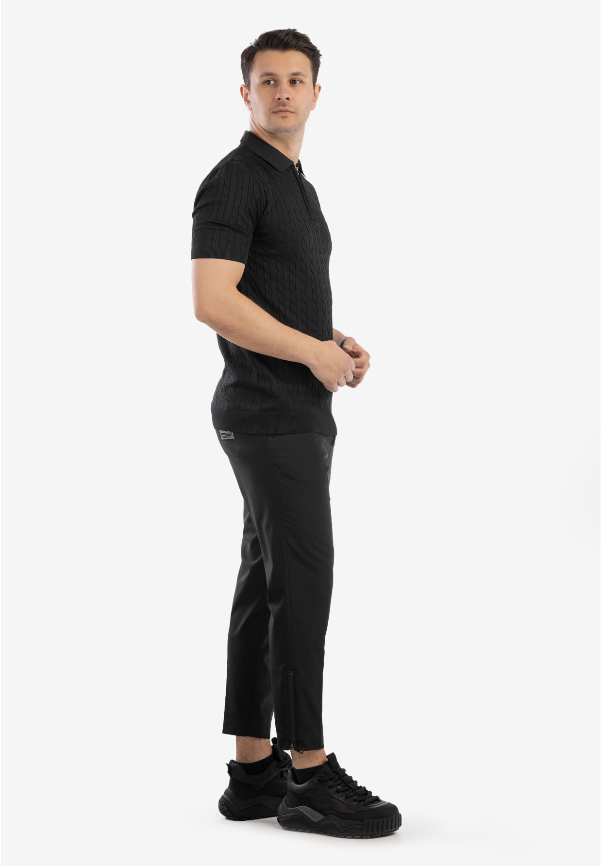 Koszulka Męska Polo Z Kołnierzykiem Rozpinana Dzianinowa Elegancka Czarna