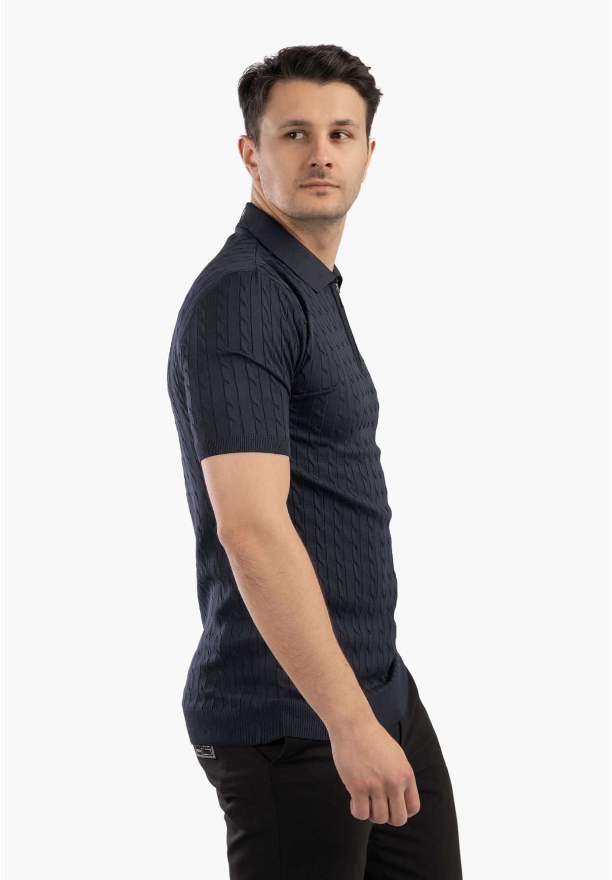 Koszulka Męska Polo Z Kołnierzykiem Rozpinana Dzianinowa Elegancka Granatowa