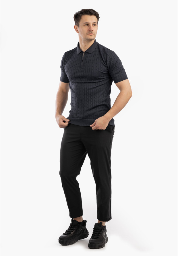 Koszulka Męska Polo Z Kołnierzykiem Rozpinana Dzianinowa Elegancka Granatowa