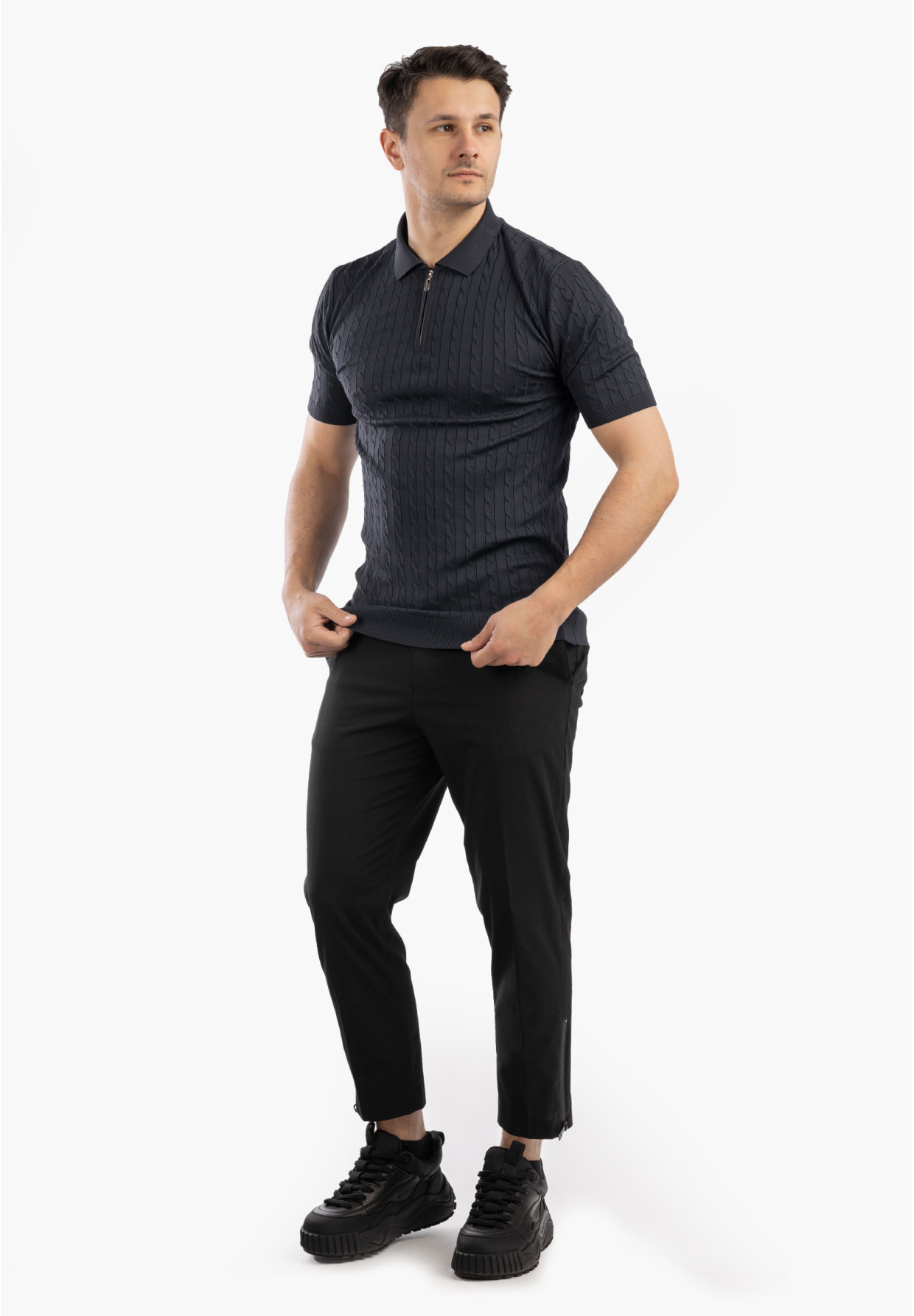 Koszulka Męska Polo Z Kołnierzykiem Rozpinana Dzianinowa Elegancka Granatowa