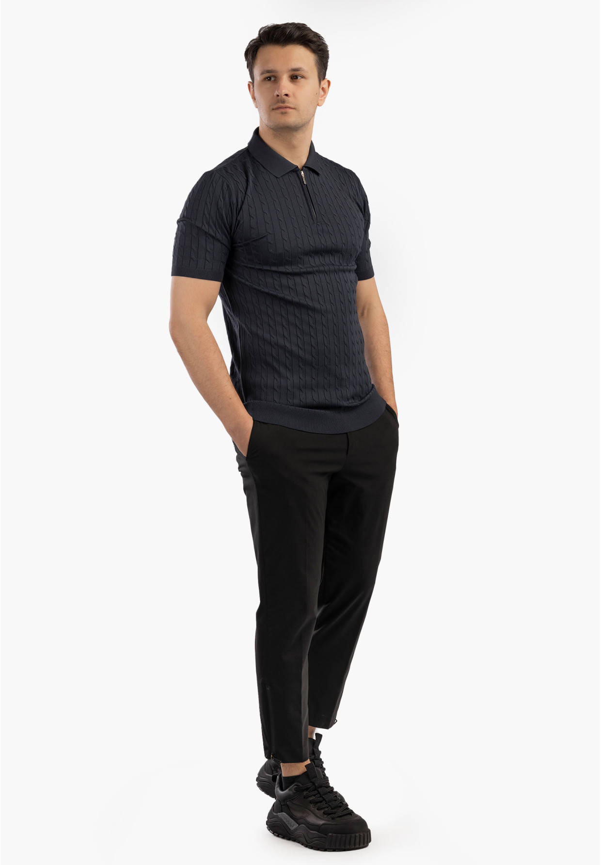 Koszulka Męska Polo Z Kołnierzykiem Rozpinana Dzianinowa Elegancka Granatowa