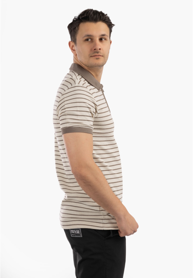 Koszulka Męska Polo Z Kołnierzykiem Elegancka Beżowa w paski