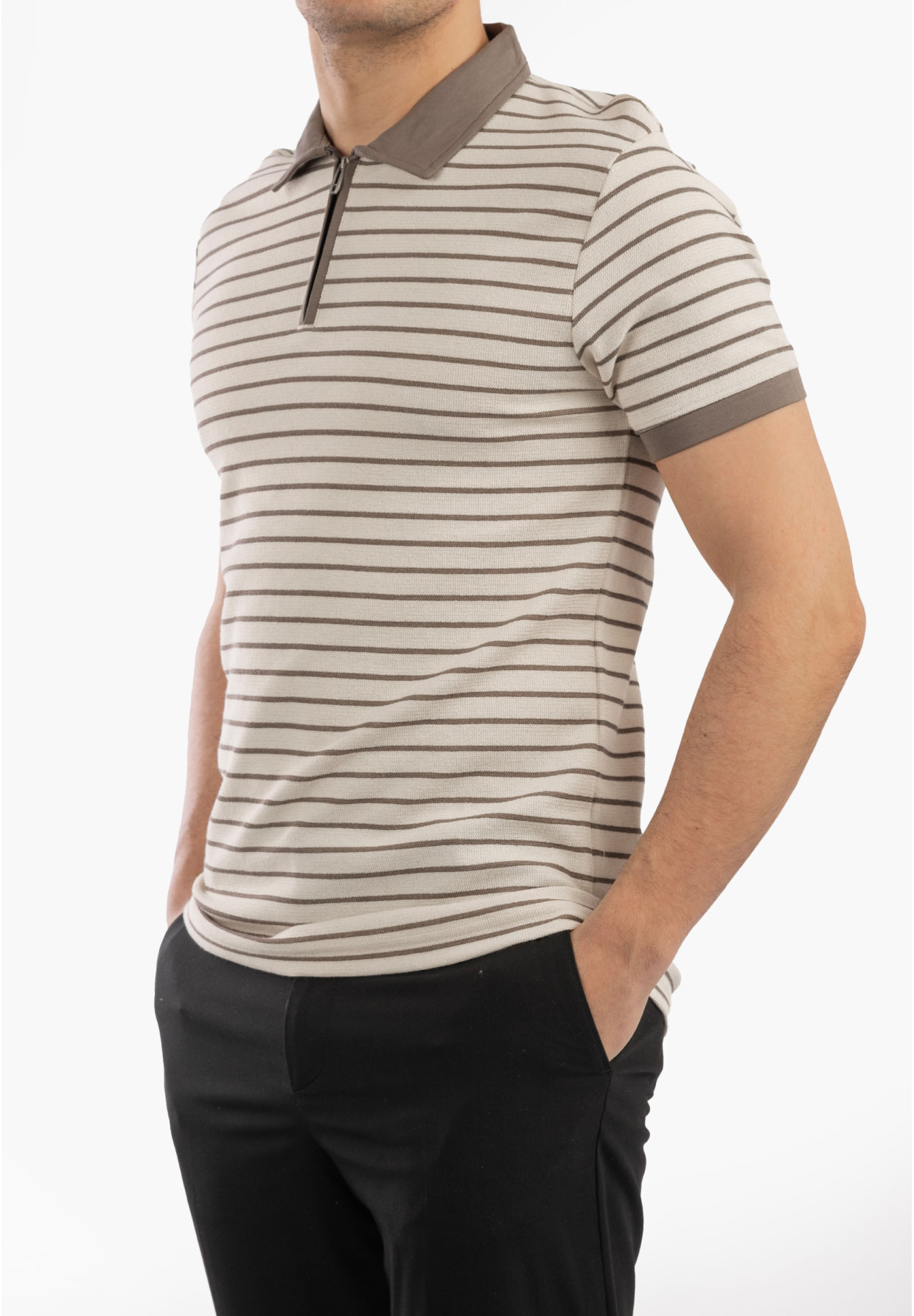 Koszulka Męska Polo Z Kołnierzykiem Elegancka Beżowa w paski