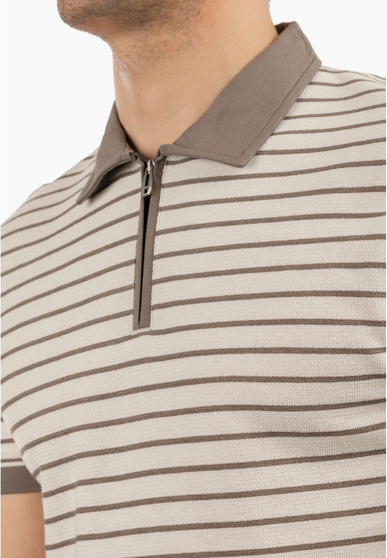 Koszulka Męska Polo Z Kołnierzykiem Elegancka Beżowa w paski