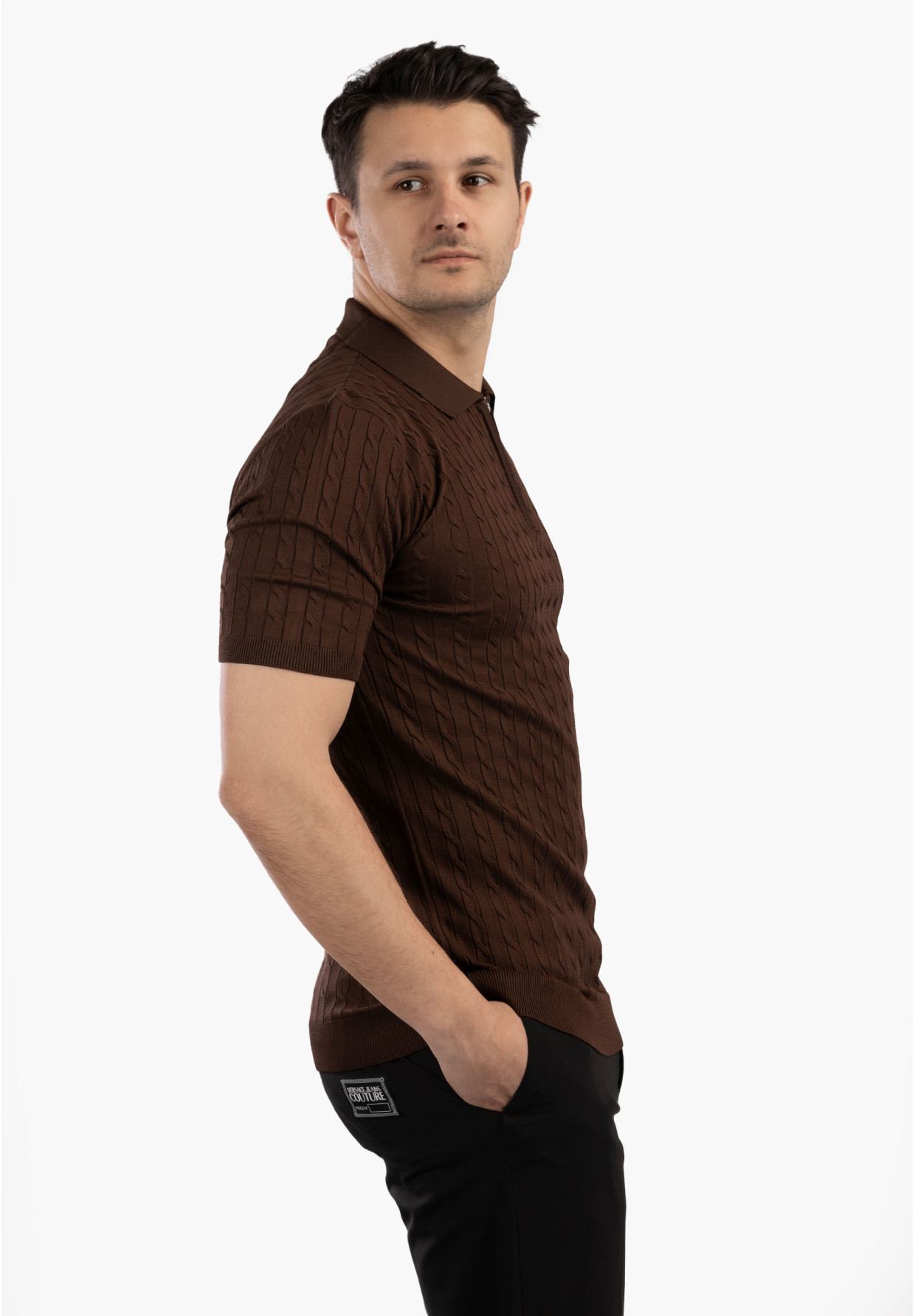 Koszulka Męska Polo Z Kołnierzykiem Rozpinana Dzianinowa Elegancka Brązowa