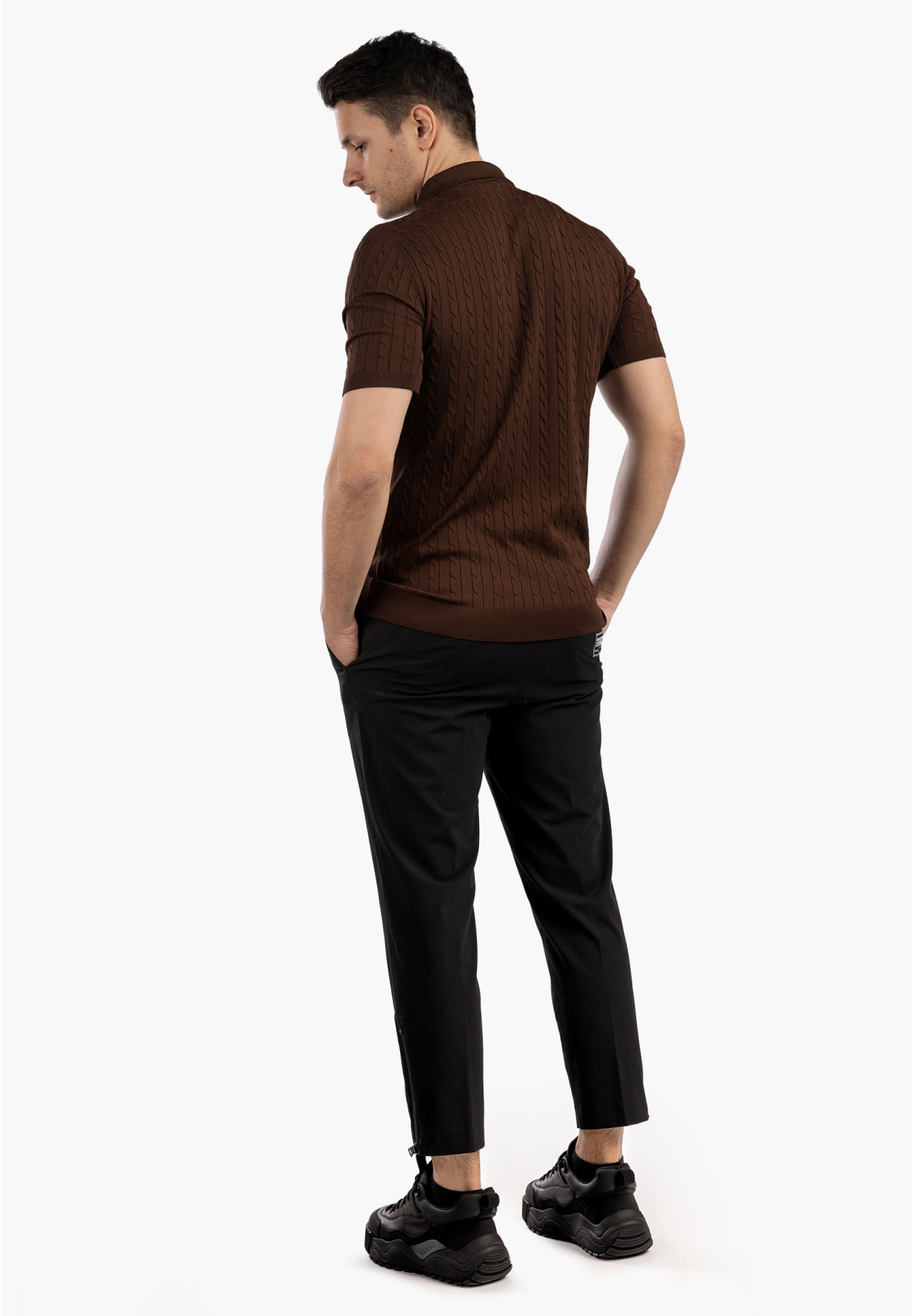 Koszulka Męska Polo Z Kołnierzykiem Rozpinana Dzianinowa Elegancka Brązowa