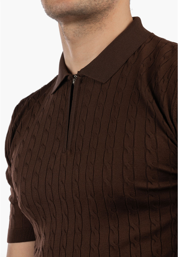Koszulka Męska Polo Z Kołnierzykiem Rozpinana Dzianinowa Elegancka Brązowa