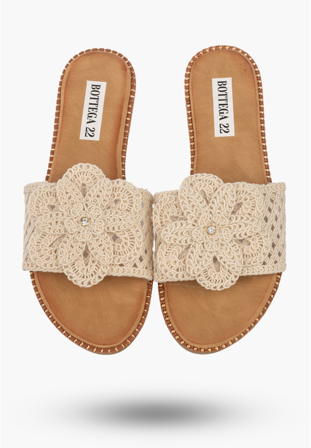 Klapki Damskie Buty Letnie Z Kwiatem Plecione Ekoskóra Lekkie Beżowe