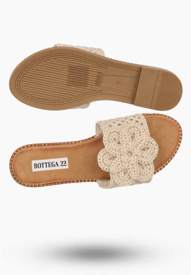 Klapki Damskie Buty Letnie Z Kwiatem Plecione Ekoskóra Lekkie Beżowe