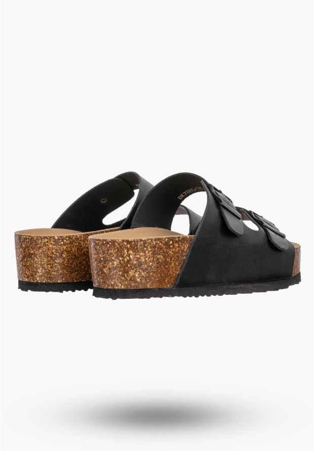 Klapki Damskie Skórzane Buty Z Klamrami Na Koturnie Casual Czarne FILIPPO