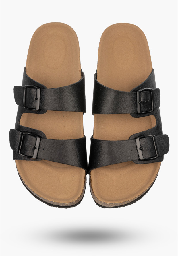 Klapki Damskie Skórzane Buty Z Klamrami Na Koturnie Casual Czarne FILIPPO