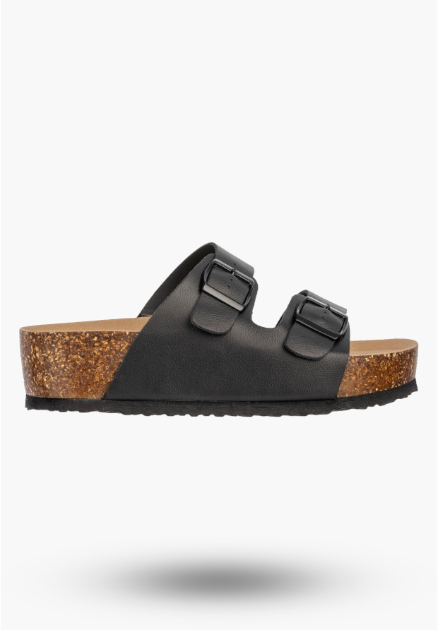 Klapki Damskie Skórzane Buty Z Klamrami Na Koturnie Casual Czarne FILIPPO