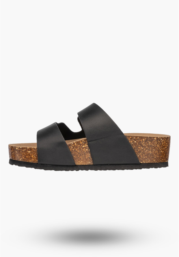 Klapki Damskie Skórzane Buty Z Klamrami Na Koturnie Casual Czarne FILIPPO