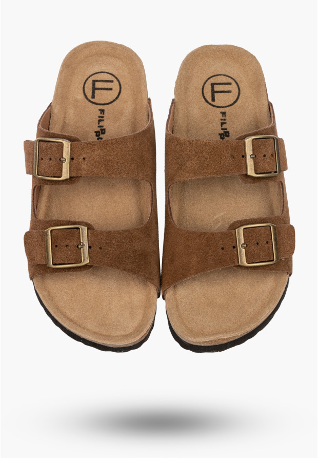 Klapki Damskie Skórzane Buty Z Klamrami Casual Zamszowe Brązowe FILIPPO