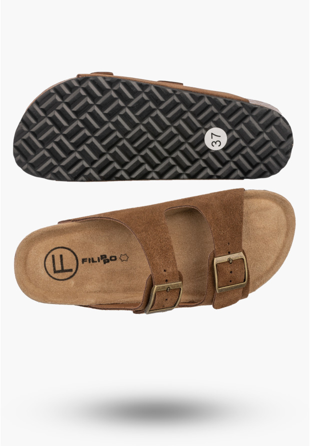 Klapki Damskie Skórzane Buty Z Klamrami Casual Zamszowe Brązowe FILIPPO