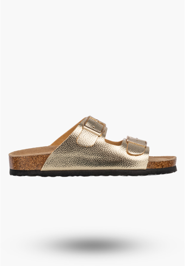 Klapki Damskie Skórzane Buty Z Klamrami Casual Korkowe Złote FILIPPO