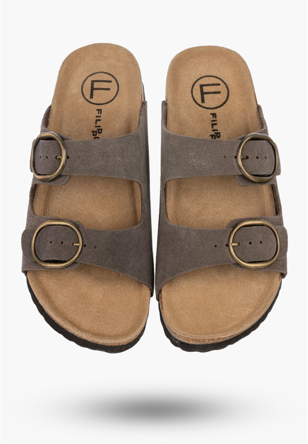 Klapki Damskie Skórzane Buty Casual Zamszowe Korkowe Szare FILIPPO