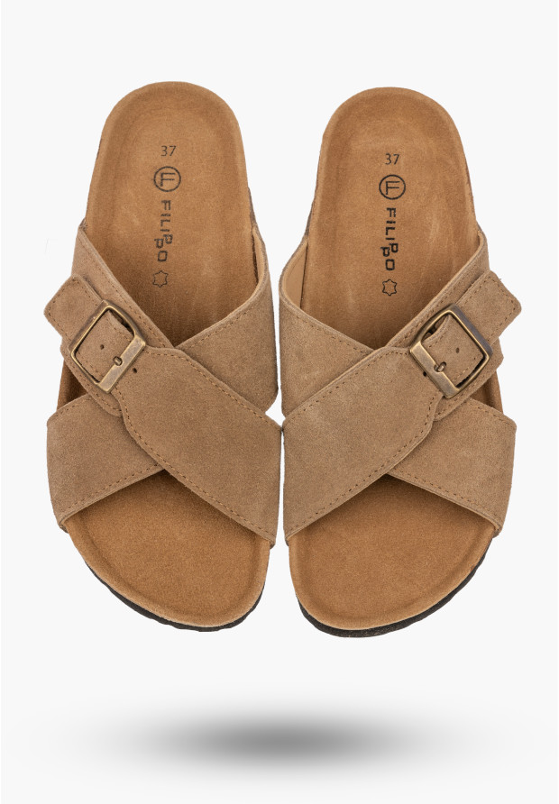 Klapki Damskie Skórzane Buty Casual Zamszowe Z Klamrą Korkowe Brązowe FILIPPO