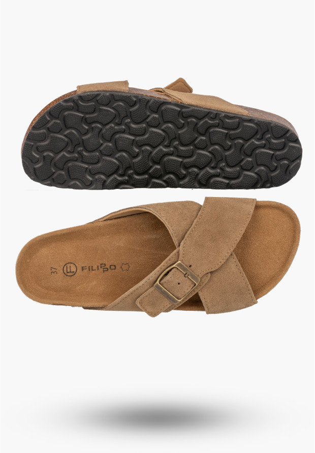 Klapki Damskie Skórzane Buty Casual Zamszowe Z Klamrą Korkowe Brązowe FILIPPO